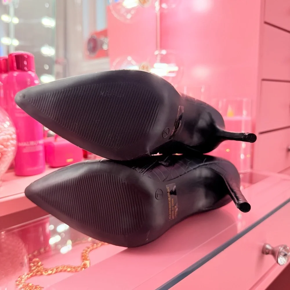 Black Croc-Embossed Stiletto Ankle Boots